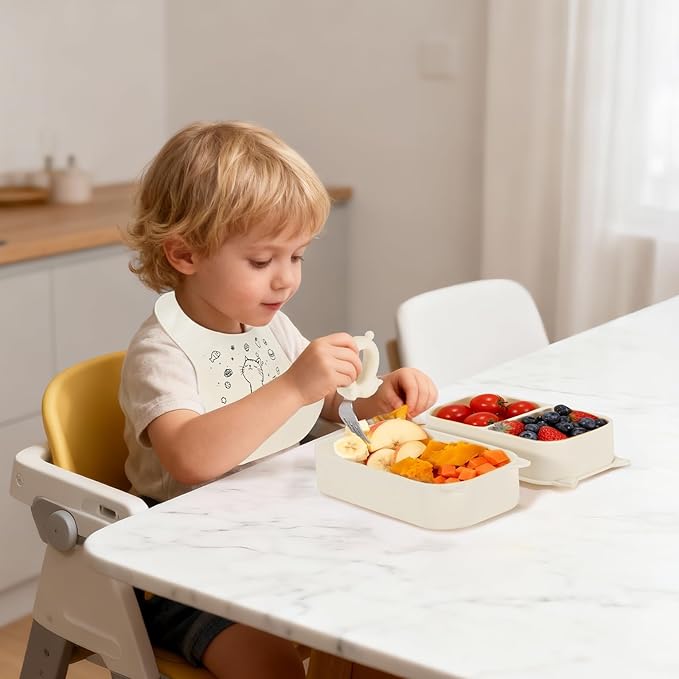 Baby Suction Plates for Toddlers, 6Pcs Travel Silicone Feeding Set for Toddlers/Kids, Foldable, Non-Slip Dishwasher Safe Plates & Utensils, BPA Free, Cat Design Gift Ready (Beige)