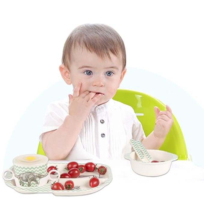 shopwithgreen 7Pcs/Set Bamboo Kids Dinnerware Set - Children Dishes - Food Plate Bowl Cup Spoon Fork Set Dishware, Cartoon Tableware, Dishwasher Safe Kids Healthy Mealtime, BPA Free