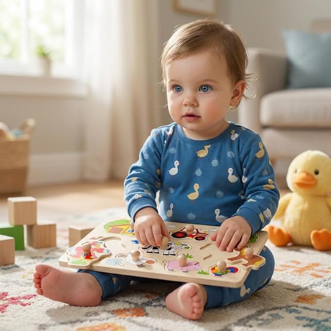 GOKI Wooden Puzzles for Toddlers 1-3 Farm Animal Peg Puzzle with Jumbo Knobs Ages 1+ Educational Montessori Toys for Shape Recognition & Fine Motor Skills - 9 Pieces-Designed with Love in Germany