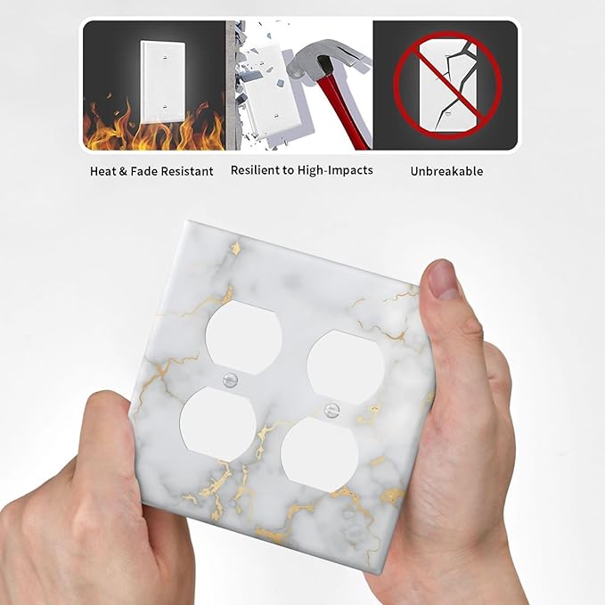 Luxury White And Gold Marble Abstract Modern Outlet Covers 2 Gang Double Duplex Decorative Light Switch Covers Electrical Wallplates Socket Faceplate for Bathroom Kitchen Decor
