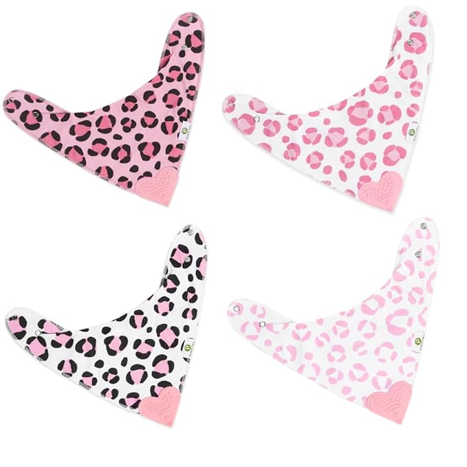 Pickle & Olive - Baby Bandana Girl Teething Bibs with Attached Silicone Teether - Set Of 4 -Leopard