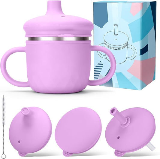BUSOHA Stainless Steel Toddler Sippy Cup ??8oz Spill-Proof Straw Cup for 6+ Month Babies & Toddlers, 3-in-1 Reusable Travel Cup with Brush ??Dishwasher Safe, Kids Drinking Cup,Purple