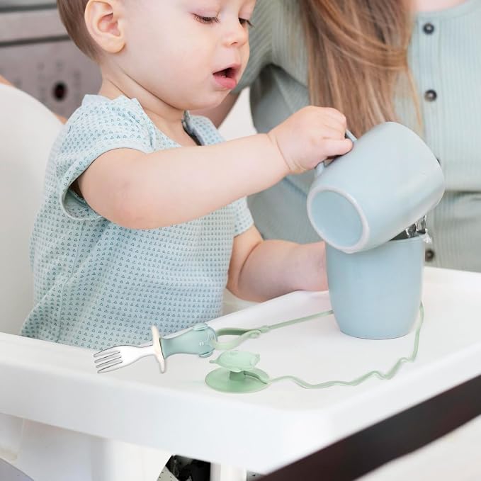 Abaodam Utensils Holder Strap with Silicone Suction Cup Stainless Steel Fork and Spoon Training for Drop Highchair Accessory Green Dining Aid