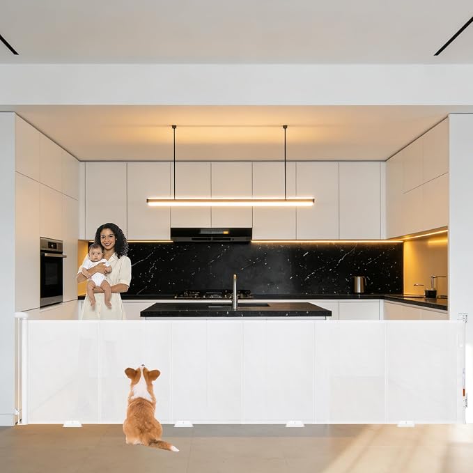 Reinforced 118" Wide Retractable Gate with Reinforced Strips, Indoor/Outdoor Retractable Dog Gate for Doorway Prevent Bottom Drilling Through, Safety Mesh Gate, White
