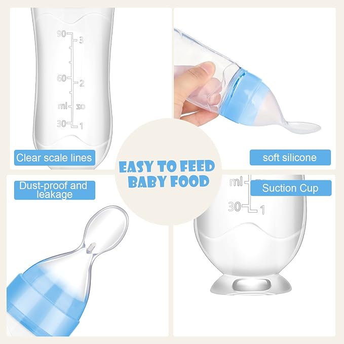 Nuanchu Baby Spoons 2 Pack Silicone Baby Food Feeder 3 oz Squeeze Feeding Spoon Toddler Dispensing Feeder Suction Cup Design Travel Friendly for Kids Toddlers Boys Girls(Blue)