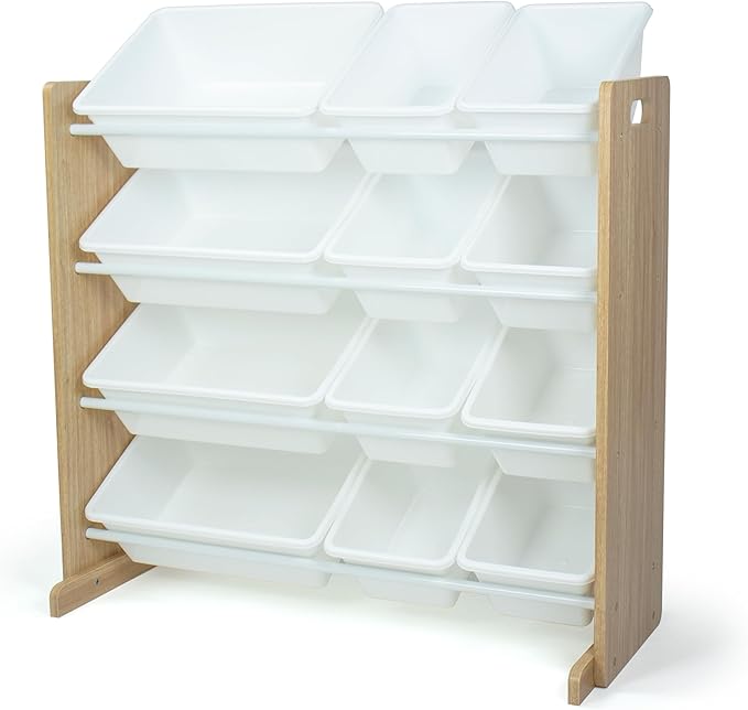 Humble Crew Kids Toy Storage Organizer with 12 Plastic Bins, Natural Wood/White ??Removable Bins for Playroom, Bedroom, Toddler Furniture for Boys and Girls Ages