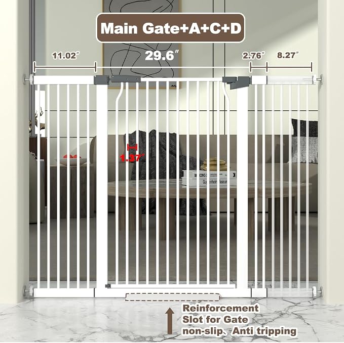 41" Extra Tall Cat Gate for Doorway, 49.2-54.7 Metal Pet Baby Safe Gate, Extra Wide Pressure Mounted Child Door with Expansion Kit, No Drilling No Climb Cat Fence Indoor, Tall Dog Gate, White