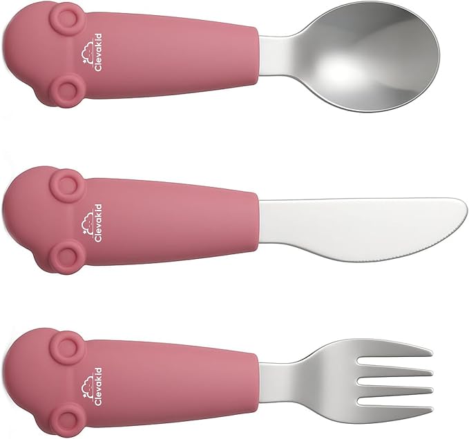 Stainless Steel Silverware Set – Silicone Handle Fork, Spoon & Knife – BPA-Free, Self-Feeding Toddler Utensils | Car Design (Pink Candy)