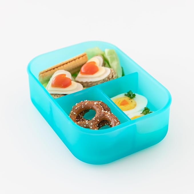 Bumkins Snack/Lunch Bento Box for Kids and Adults, 3 Compartment Container, Leak Proof Lid, for Portioning, Large Section Can Hold Sandwich, Food-Safe LFGB Platinum Silicone, Microwave-Safe, Blue