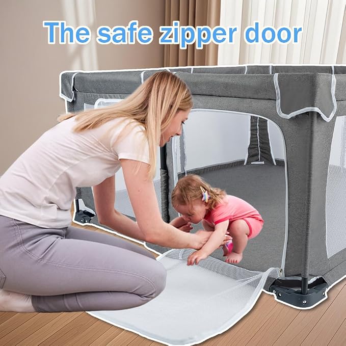 Foldable Baby Playpen 59"x71"，Playpen for Babies and Toddlers with Mat，Foldable playpen with Door，Indoor and Outdoor Baby Fence Play Area (Grey (Cationic Fabric), Foldable 59"x71" with Mat)