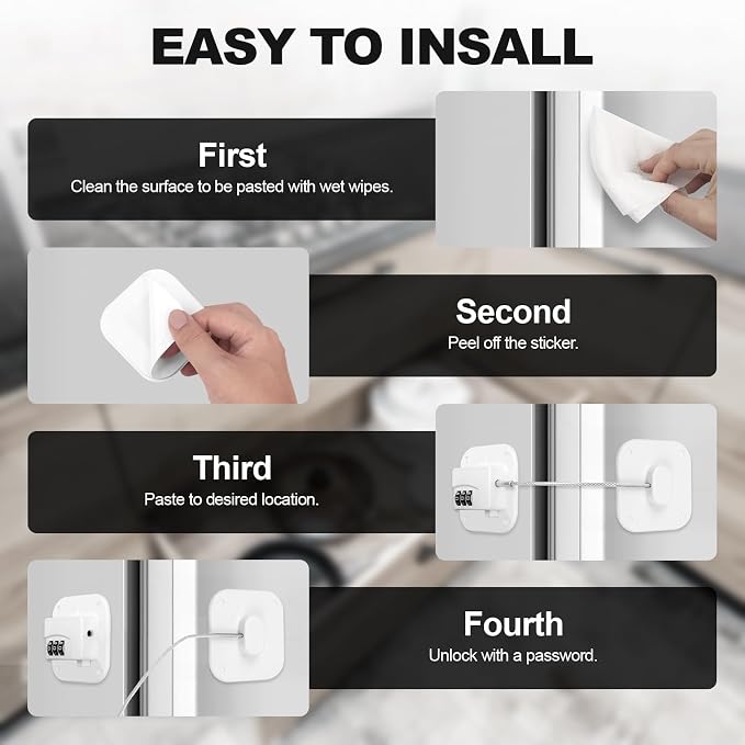 Refrigerator Lock 2 Packs, Fridge Lock Easy to Use and Install on Cabinets and Drawers, Fridge Locks for Kids Safety and Security, No Key Required and Surface-Friendly （White）