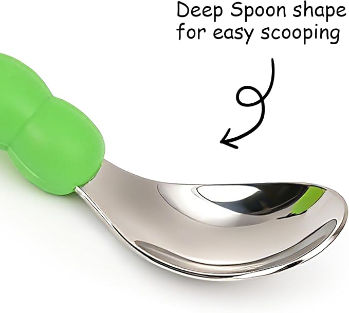 Toddler Utensils, Stainless Steel Baby Forks and Spoons Set Caterpillar Silicone Handle, Kids Silverware with Portable Storage Case, Baby Feeding Essentials, Dishwasher Safe (Green)