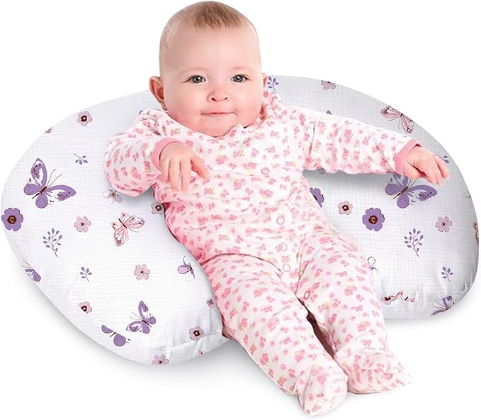 Little Grape Land Nursing Pillow, Soft 100% Cotton Breastfeeding Pillow with Breathable Muslin Removable Cover, Purple Butterfly Breast Feeding Pillows for Babies 0-12 Months with Protective Zipper