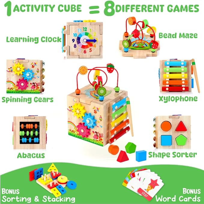 8-in-1 Wooden Baby Activity Cube - Xylophone, Shape Sorter, Abacus| 1st Birthday Gift Toys for One 1 2 3 Year Old Boy Girl | Montessori Educational Learning Toddler Toy| Bonus Sorting & Stacking Board