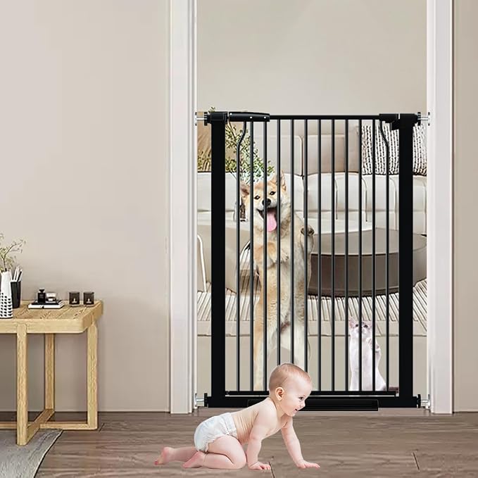 40.55" Extra Tall and Wide Baby Gate, 71.3-74 in Gates for Dogs Indoor with Door, Walk Through Long Pet Gate for Large Openings, Pressure Mounted Child Safety Gate for House Kid, Black