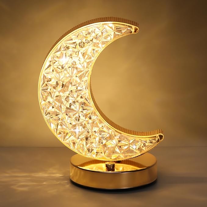 Lewondr Crescent Moon Table Lamp, Stepless Dimmable Touch Lamp with 3 Colors, Rechargeable Night Light with USB Port, Ramadan Moon Light Bedside Lamp for Nightstand Desk Bedroom Living Room Home Decor