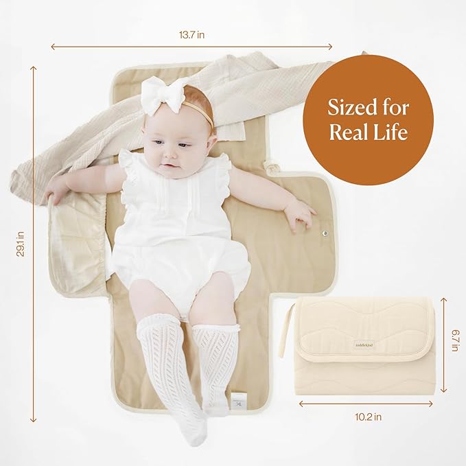 Toddlekind Mini Maven Portable Changing Pad ??Organic Cotton & Water-Resistant Polyester ??Travel-Friendly, Foldable Change Mat ??Tofu Beige Stripes with Wave Stitching ??Chic, Durable, Easy to Clean