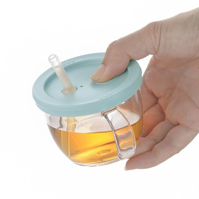Push Flow Training Sippy Cup with Silicone Straw and Handles, 5 oz, for baby 6 month+ Light Blue