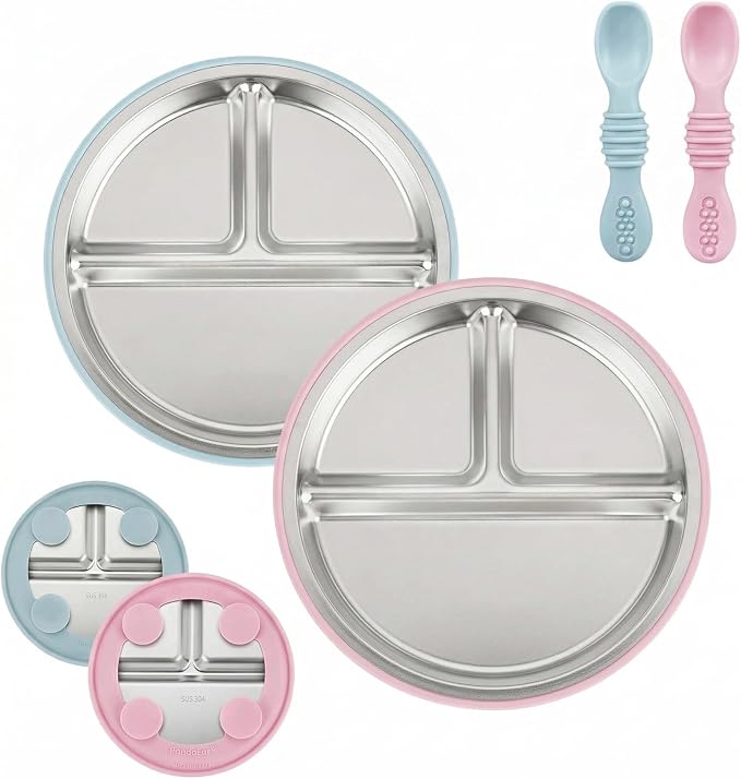 PandaEar 2 Pack Stainless Steel Baby Suction Plates & 2 Pack Spoons, Toddler Utensils Baby Feeding Set, Divided Plates for Baby Led Weaning Supplies, BPA-Free (Pink/Blue)