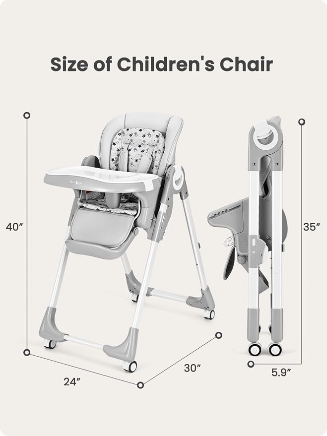 Babilous Foldable High Chair with Soft Cushion, High Chairs for Babies and Toddlers, Height Adjustable Feeding Chair, Adjustable Backrest and Footrest, Lockable Wheels, Star Gray