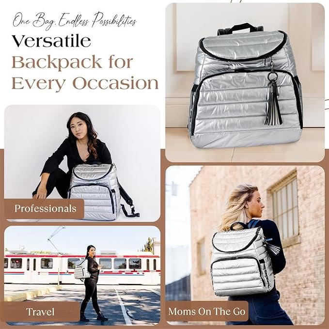 Citi Collective Gallery Diaper Bag Backpack - Casual Day-to-Day Backpack Fits 15" Laptop - Travel Bag with Multiple Compartments, Pockets, Portable Changing Pad, and Shoulder Strap-Silver