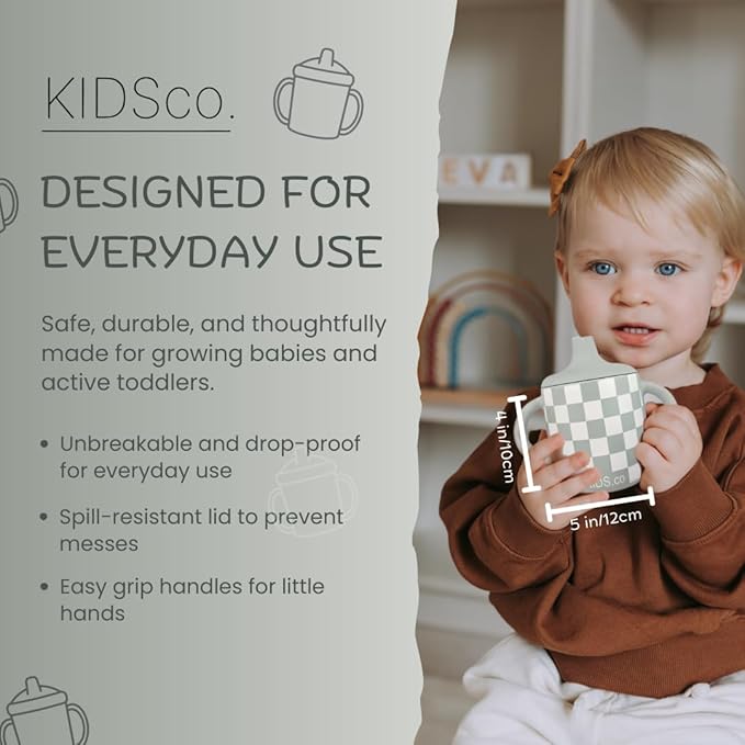 KIDSco. Silicone Sippy Cups (2 Pack) ??Soft Spout & Easy Grip Handles for Babies 6+ months, Plastic Free, Toxic Free Silicone, Leak-Resistant, Dishwasher Safe (Checkers)