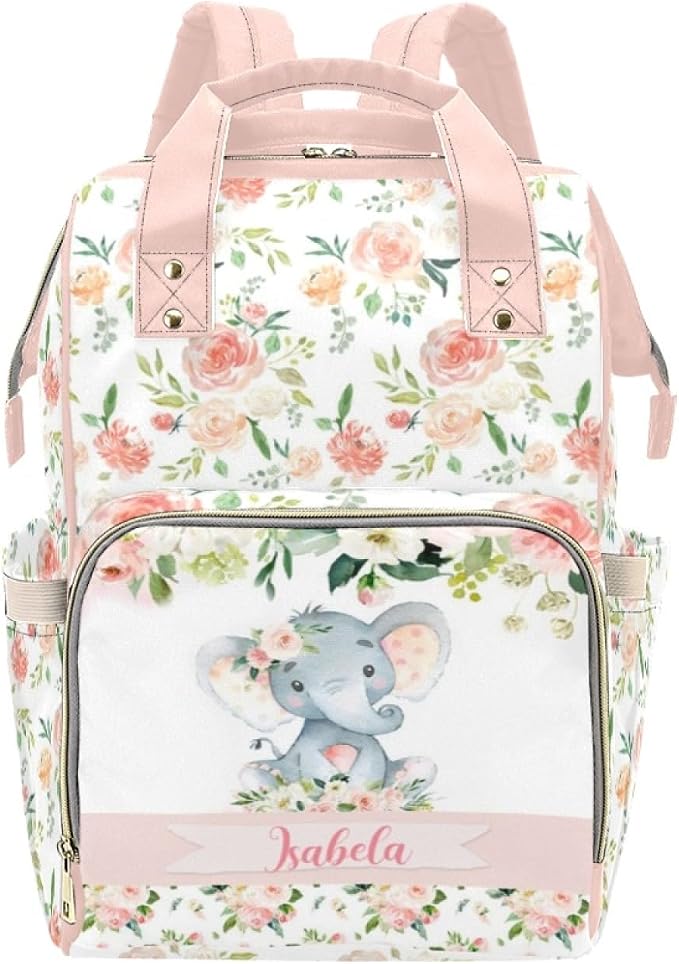Custom Name Diaper Bag Customized Floral Elephant Mommy Nappy Bags with Multi Pocket & Large Capacity Personalized Nappy Changing Bag Nursing Mommy Daypack with Multi Pockets for New Mom
