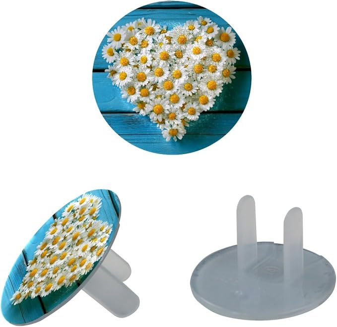 Daisy Heart Shape Wooden Background Outlet Covers Baby Proofing Child Proof, 12 Packs Outlet Plug Covers, 2-Prong Electrical Safety Socket Caps, Wall Plates Receptacle Protector Guard