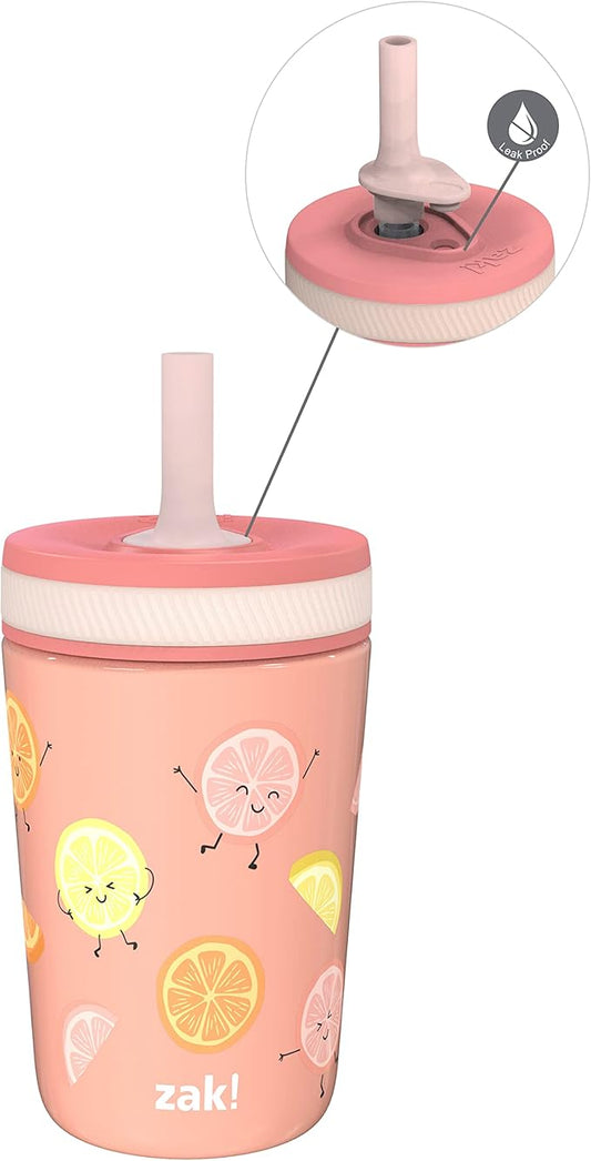 Zak Designs Kelso Tumbler Toddler Cup For Travel or At Home, 12oz Vacuum Insulated Stainless Steel Sippy Cup With Leak-Proof Design is Perfect For Kids (Happy Fruit)
