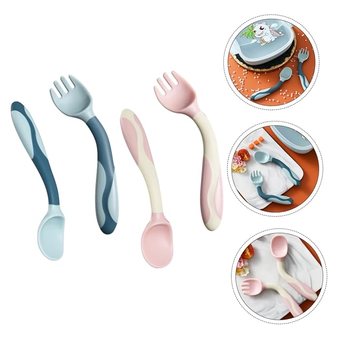 Mobestech 2 Sets Flexible Silicone Fork and Spoon Portable Lightweight Feeding Utensils in Safe Materials for Complementary Food Use