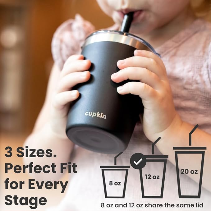 CUPKIN Toddler Tumblers, The Original 12 oz Stackable Stainless Steel Cups, Set of 2 Powder Coated Insulated Kids Water Bottle Alternative + BPA Free Lids + Reusable Silicone Straws (Coral + Yellow)