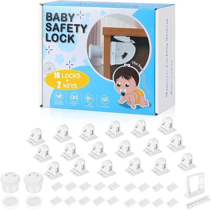 18 Pack Magnetic Cabinet Locks for Child Safety, Drawer Locks Baby Proofing, Magnetic Door Safety Locks for Cabinets and Drawers, Easy Installation No Tools Required (18 Pack and 2 Keys)