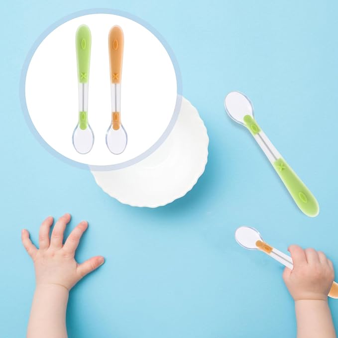 2PCS Silicone Spoons Set Portable Lightweight Soft Feeding Utensils for Self-training and Easy Grip Yellow Green Cutlery for Early Weaning