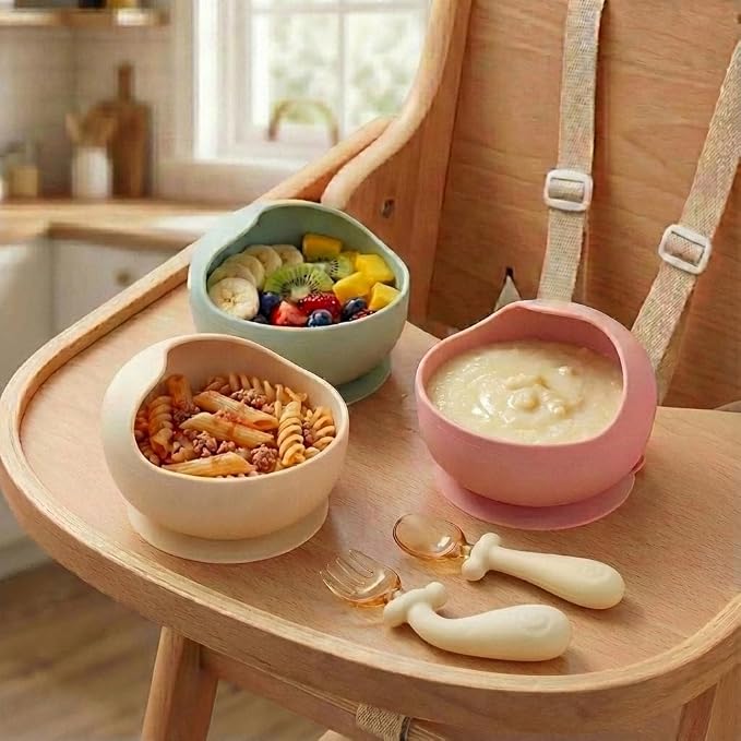 Baby Silicone Spoon & Fork Set with 360° Bendable Utensils, Suction Bowl, BPA-Free PPSU Case Included, Self-Feeding Training Set for Infant & Toddler (Milk White)