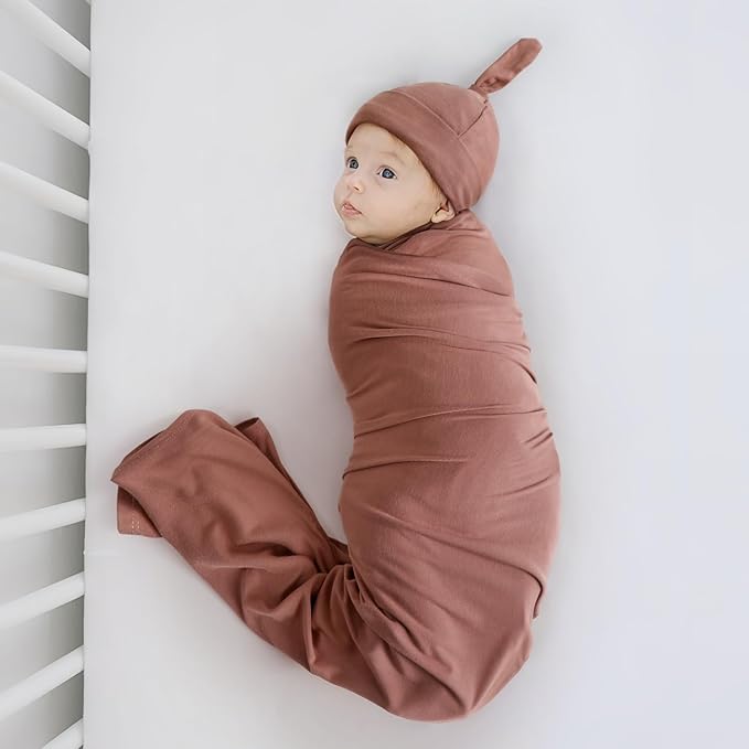 GRSSDER Newborn Swaddle Blanket, Ultra Soft Jersey Receiving Blanket with Matching Headband and Beanie Set, 47×47" Extra Large Nursery Swaddle Wrap for Girls and Boys