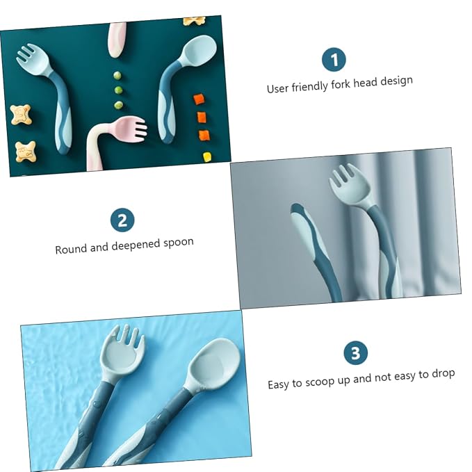 Wakauto 2 Sets Silicone Spoons and Forks Flexible Bendable Feeding Utensils Training Cutlery for Dining Soft Tips in