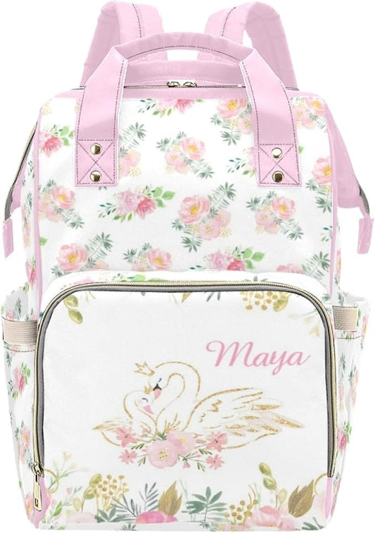 Custom Diaper Bag Personalized Floral Swan Casual Nursing Mommy Daypack with Insulated Pocket Customized Cute Diaper Bag Backpack with Name or Holiday Travel