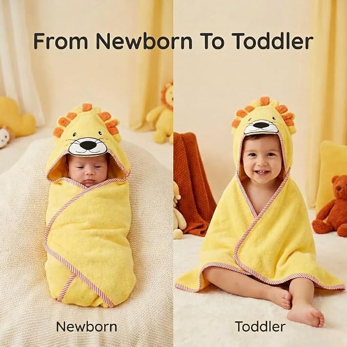 EVERYDAY KIDS Hooded Baby Toddler Bath Towel for Boys and Girls - 3D Yellow Lion with Mane; Soft and Absorbent Terry Cloth Hooded Towel for Young Kids; Gender Neutral Baby Bath Essential
