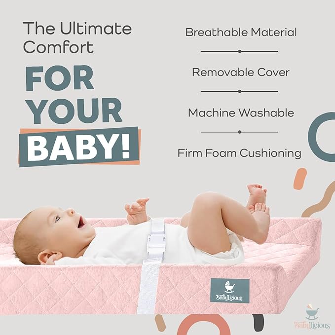 Contoured Baby Changing Pad ??Waterproof & Breathable Diaper Changing Pad | Removable Washable Cover, Non-Slip Base & Safety Strap | Standard Size for Dresser & Changing Table Pads
