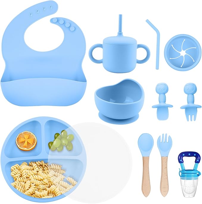 Silicone Baby Feeding Set, BPA Free Baby Feeding Essentials, Baby Suction Bowl, Plates, Bib, Sippy Cup, Spoons set, Baby Led Weaning Supplies to Develop Self-feeding Skills (Blue, With Lid)