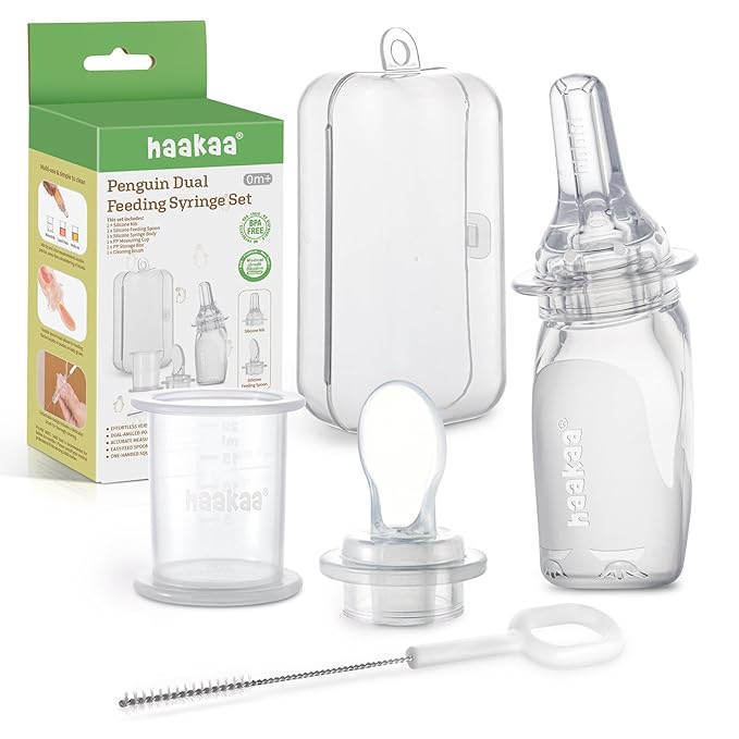 haakaa Penguin Dual Feeding Syringe Set-Baby Medicine Dispenser and Food Dispensing Spoon Feeder,Medical-Grade Silicone