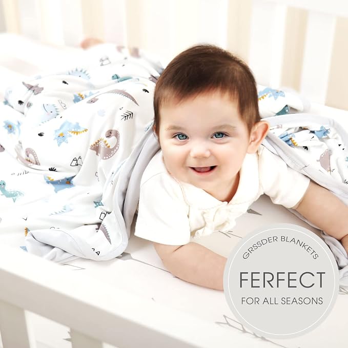 GRSSDER Baby Blankets Super Soft Jersey Knit Swaddle Blanket for Baby Girls and Boys, Double Layer Receiving Blankets 34 x 44 Inches Extra Large for Baby Swaddling, Happy Dinosaur