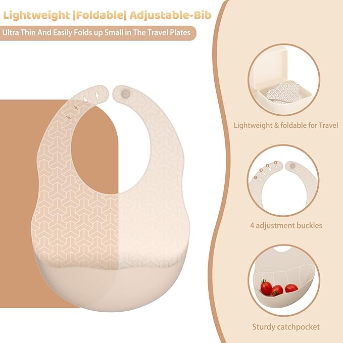 Beige Travel Silicone Foldable Feeding Set, On-the-Go Baby Feeding Supplies Including Toddler Plates, Silicone Baby Spoon&Fork, Adjustable Foldable Bib, Portable Infant Toddler Utensils
