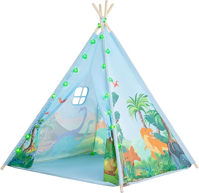 BRINJOY Teepee Tent for Kids, Toddlers Dinosaur Play Tent with LED String Lights, Foldable Children Teepee Tent Toy w/Storage Bag, Indoor Outdoor Pretend Playhouse Gift for Boys Girls Ages 3+