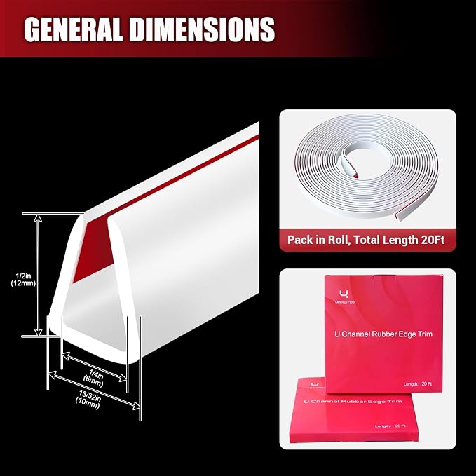 Rubber Edge Trim, Flexible Baby Proof Edge Trim for Sharp Edge, 1/4" U Channel Edge Protector, Self-Adhesive Edge Guards for Plywood, Glass, Flexi-Glass, 20Ft, White, Silicone Material