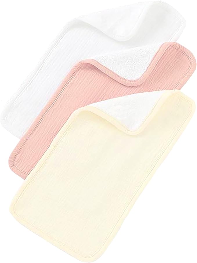 Aiden's Corner 100% Organic Muslin Cotton Mix Use Baby Super Absorbent Infant Burp Cloth | Terry Cotton Towel | Washcloth for Newborns 3 Pack (1 Coral Pink, 1 Yellow, 1 White)