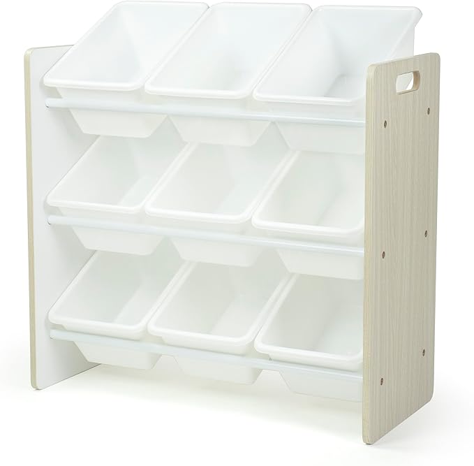 Humble Crew 9-Bin Toy Organizer ??Hampton Sandwashed with White Plastic Bins, 3-Tier Storage Solution for Kids' Playrooms and Nurseries