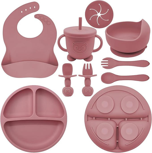 Silicone Baby Feeding Set | Baby Led Weaning Supplies Includes Suction Bowls and Divided Plates, Adjustable Bib, Baby Utensils Spoons and Forks,Cup | Baby Feeding Essentials (Red)