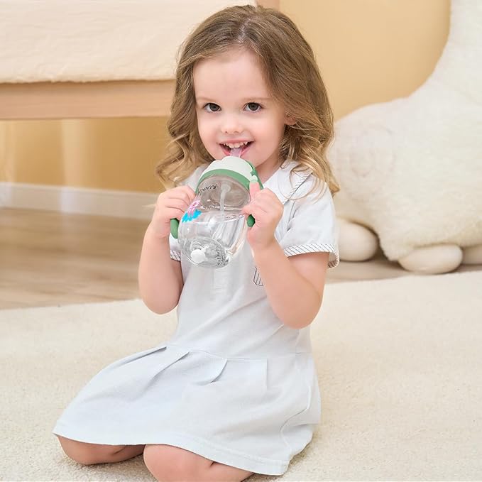 Oberni Tritan Sippy Cup, 270ml/9oz Baby Water Drinking Bottle with Removable Handle and Strap, Leak-Proof Training Cup for 12M+/1 Years+ Toddlers, Green/Pack of 1