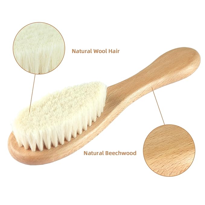 Elfzone Baby Brush and Comb Set - 4Pcs Wooden Baby Hair Brush，Baby Brush Set,Baby Airbag Brush, Beech Handle Brush, and Prevent Cradle Cap Silicone Brush - Ideal Registry Gift
